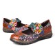 Retro Embossed Flower Splicing Floral Genuine Leather Flat Shoes