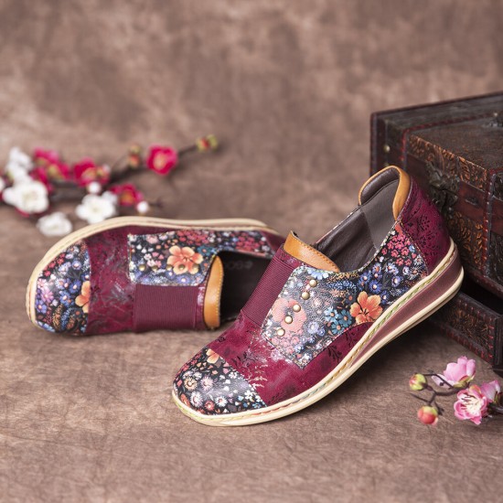 Retro Splicing Small Flowers Genuine Leather Flat Zipper Shoes