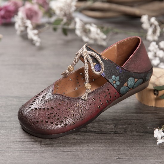 Retro Hollow Floral Soft Sole Knot Round Toe Ankle Strap Flat Shoes