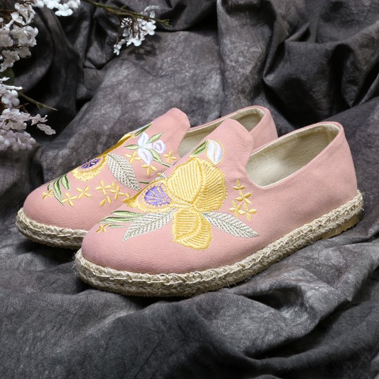 Women Handmade Embroidery Straw Comfy Lightweight Casual Flat Loafers