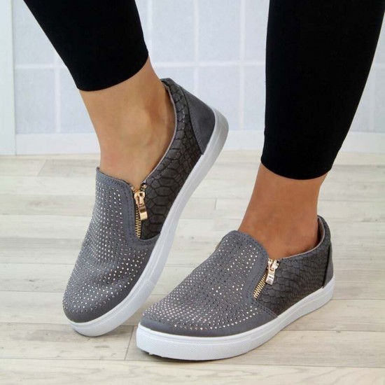 Women Doble Size Zipper Rhinestone Decor Comfy Non Slip Casual Flats