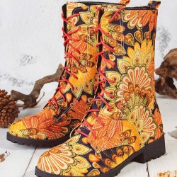 Embroidered Sunflowers Printing Block Heel Round Toe Lace-up Mid-calf Combat Boots for Women