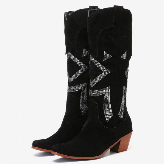 Plus Size Women Suede Rhinestone Chunky Heel Knee Cowboy Boots