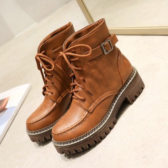 Women Casual Solid Color Buckle Lace Up Platform Short Combat Boots