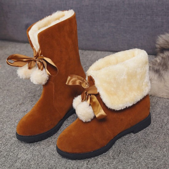 Women Solid Color Casual Elegant Pompom Bowknot Warm Fluff Flanging Snow Boots