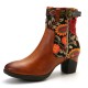 Ladies Causal Floral Pattern Buckle Deco Splicing Round Toe Block Heel Ankle Boots