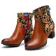 Ladies Causal Floral Pattern Buckle Deco Splicing Round Toe Block Heel Ankle Boots