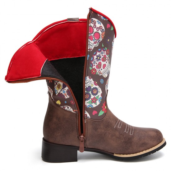 Women Retro Flower Printing Pointed Toe Zipper Mid-calf Cowboy Boots