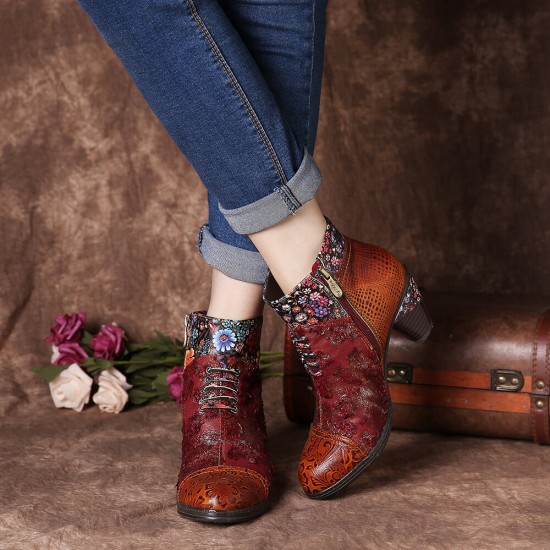 Women Casual Floral Splicing Pattern Warm Lined Zip Up Cone Heel Ankle Boot