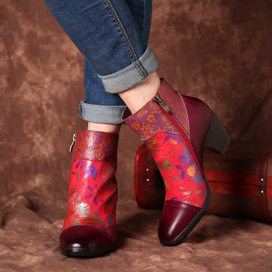 Retro Colorful Printed Flowers Pattern Embossed Stitching Comfortable Zipper High Heel Boots