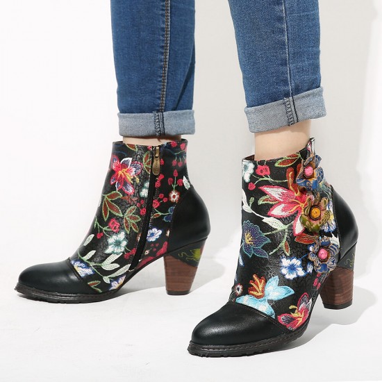 Women's Floral Causal Black Warm Lined Stacked Heel Ankle Boots