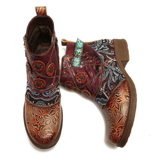 Retro Floral Pattern Splicing Adjustable Casual Round Toe Zipper Ankle Boots