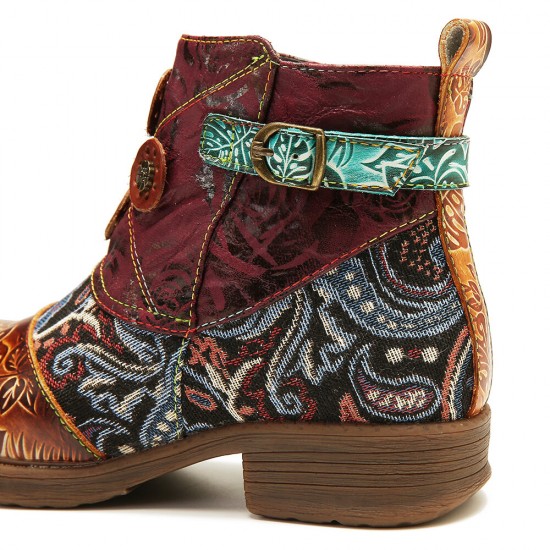 Retro Floral Pattern Splicing Adjustable Casual Round Toe Zipper Ankle Boots