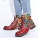 Womens Watercolor Rose Genuine Leather Zipper Lace Up Flat Boots