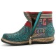 Retro Womens Green Embossed Genuine Leather Soft Flat Zipper Ankle Boots