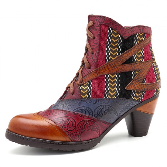 Bohemian Splicing Pattern Block Zipper Ankle Leather Boots Shoe