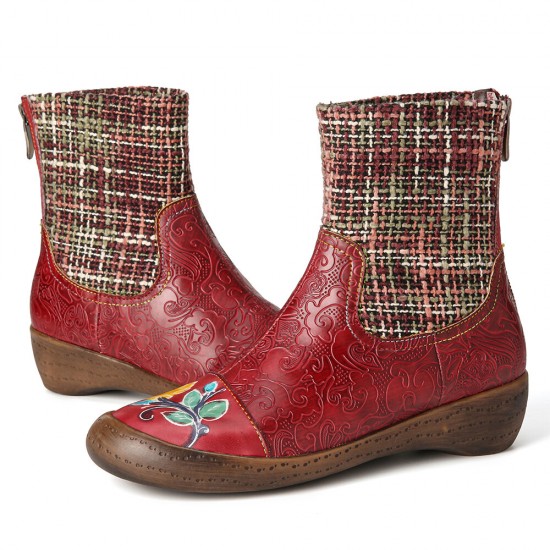 Check Woolen Splicing Floral Embossed Genuine Leather Flat Short Boots