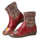 Check Woolen Splicing Floral Embossed Genuine Leather Flat Short Boots