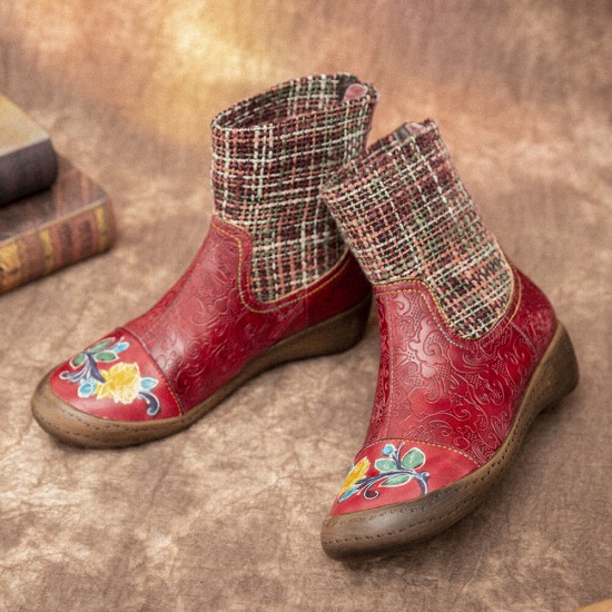 Check Woolen Splicing Floral Embossed Genuine Leather Flat Short Boots