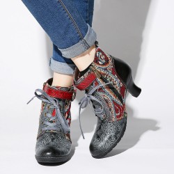 Embossed Splicing Tribal Pattern Buckle Deco Lace-up Zipper Warm Lined Ankle Boots