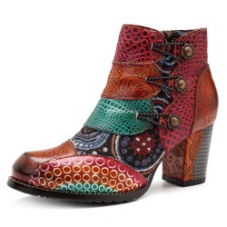 Splicing Pattern Button Zipper Ankle Leather Boots