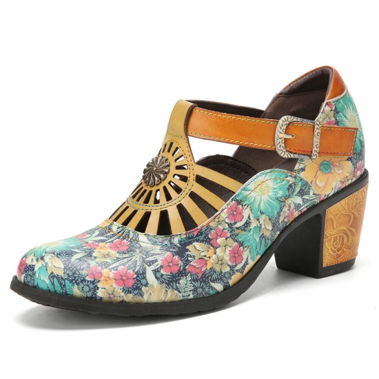 Genuine Leather Retro Floral Hook & Loop Comfy T-strap Heels