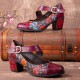 Women Retro Floral Printing Leather Comfy Round Toe Soft Sole Chunky Heels