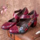 Women Retro Floral Printing Leather Comfy Round Toe Soft Sole Chunky Heels