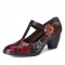 Retro Florals Embroidery Flowers Leather Low Heel T-strap Hook Loop Pumps