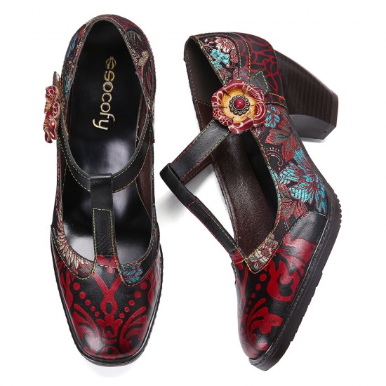 Retro Florals Embroidery Flowers Leather Low Heel T-strap Hook Loop Pumps