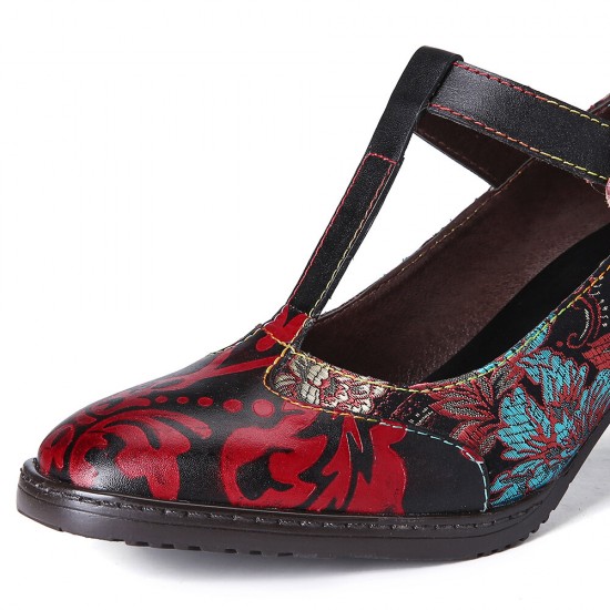 Retro Florals Embroidery Flowers Leather Low Heel T-strap Hook Loop Pumps