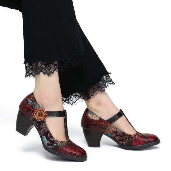 Retro Florals Embroidery Flowers Leather Low Heel T-strap Hook Loop Pumps