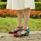 Genuine Leather Comfy Hook & Loop Retro Ethnic Low Heel Floral T-Strap Shoes