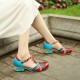 Genuine Leather Comfy Hook & Loop Retro Ethnic Low Heel Floral T-Strap Shoes