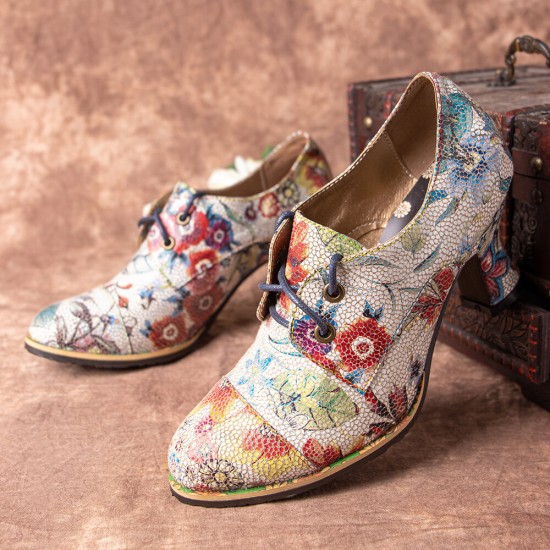 Fresh Natural Flowers Leaves Printed Comfy Wearable Chunky Heel Women Casual Lace Up Pumps