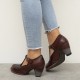 Genuine Leather Hook & Loop Comfy Retro Brown T-strap Heels