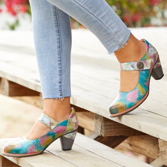 Genuine Leather Hook & Loop Leaf Painted Comfy Mary Jane Heels