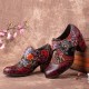 Women Retro Floral Printing Leather Soft Round Toe Sculpted Chunky Heels