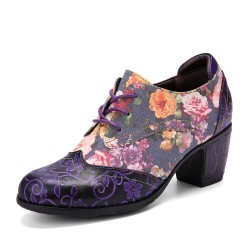 Women Retro Floral Printing Leather Splicing Soft Comfy Sculpted Chunky Heels