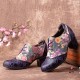 Women Retro Floral Printing Leather Splicing Soft Comfy Sculpted Chunky Heels