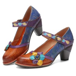 Genuine Leather Hook & Loop Floral Embellished Comfy Mary Jane Heels