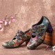 Women Retro Floral Printing Leather Comfy Hook Loop Round Toe Soft Chunky Heels