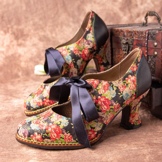 Women Elegant Graceful Little Flowers Printed Comfy Wearable Lace Up Stitching Chunky Heel Pumps