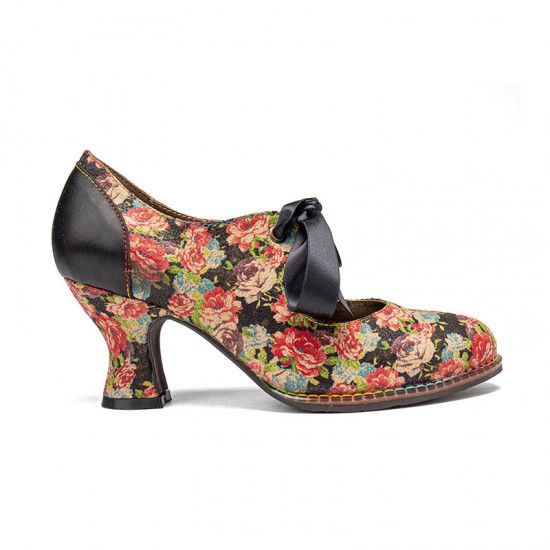 Women Elegant Graceful Little Flowers Printed Comfy Wearable Lace Up Stitching Chunky Heel Pumps