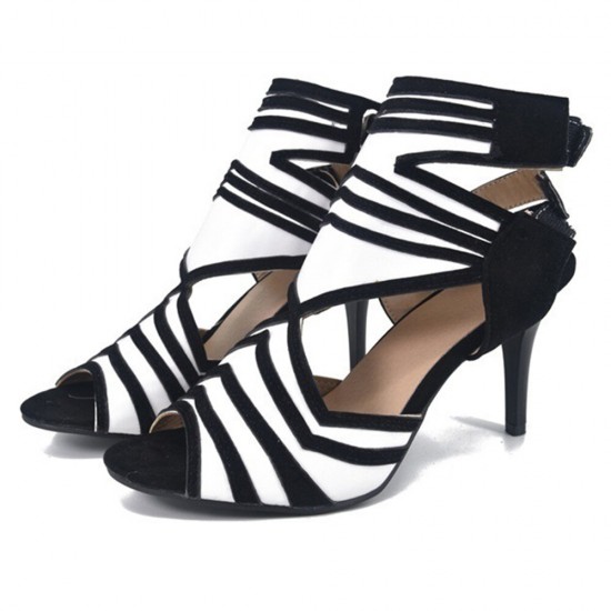 Plus Size Women Fashion Striped Hook & Loop Heeled Sandals