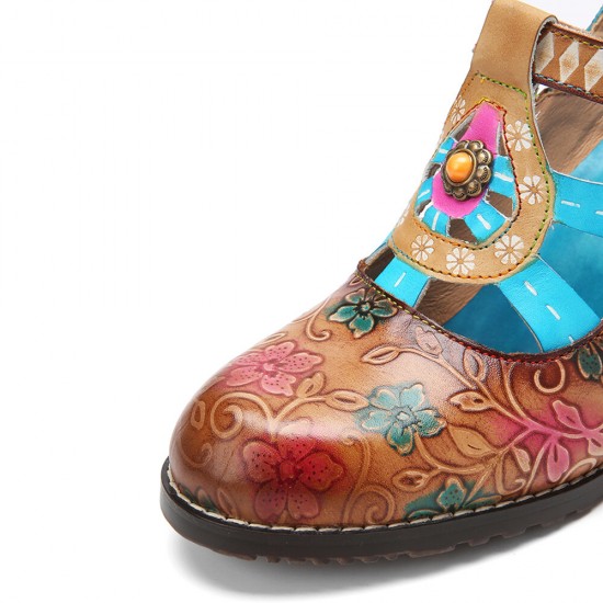 Genuine Leather Bohemian Ethnic Style Buckle Comfy Floral T-strap Heels