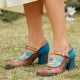 Genuine Leather Bohemian Ethnic Style Buckle Comfy Floral T-strap Heels